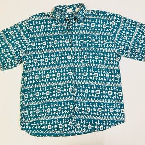 Vintage Back East Button Up Short Sleeve Collared Shirt Green Teal